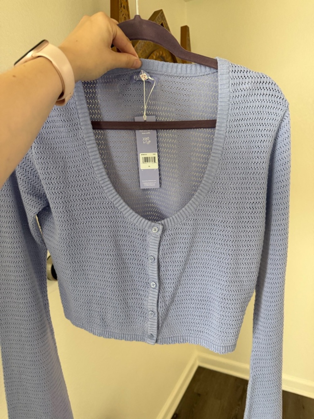 Light Lavender Open Knit Button-Front Women's Cardigan(100% cotton)